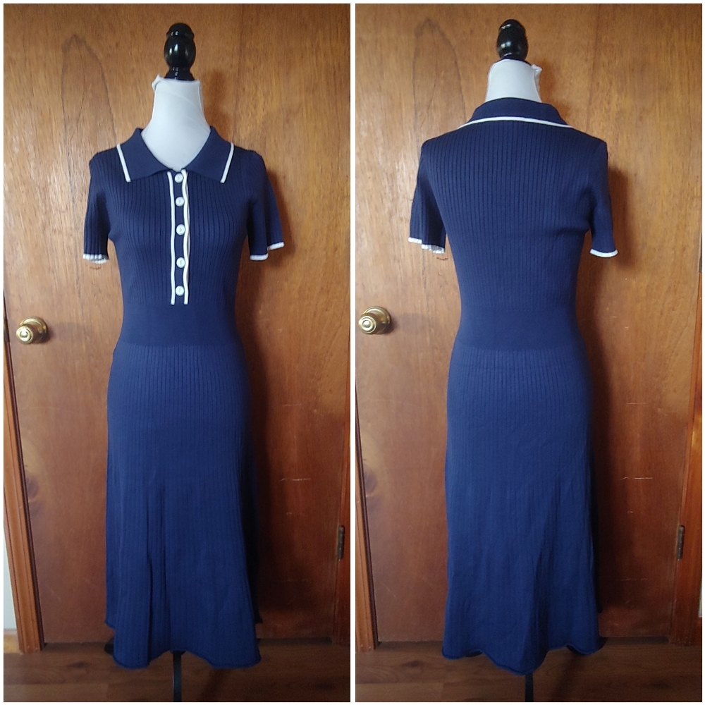 NWT Mitilly Navy Blue White Polo V Button Up Short Sleeve Sweater Midi Dress M - Picture 3 of 9
